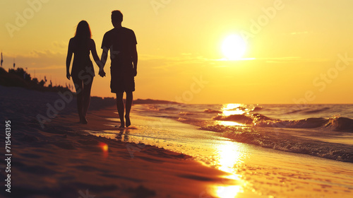 Silhouette of a romantic couple holding hands and walking on the beach at sunset. © kazakova0684