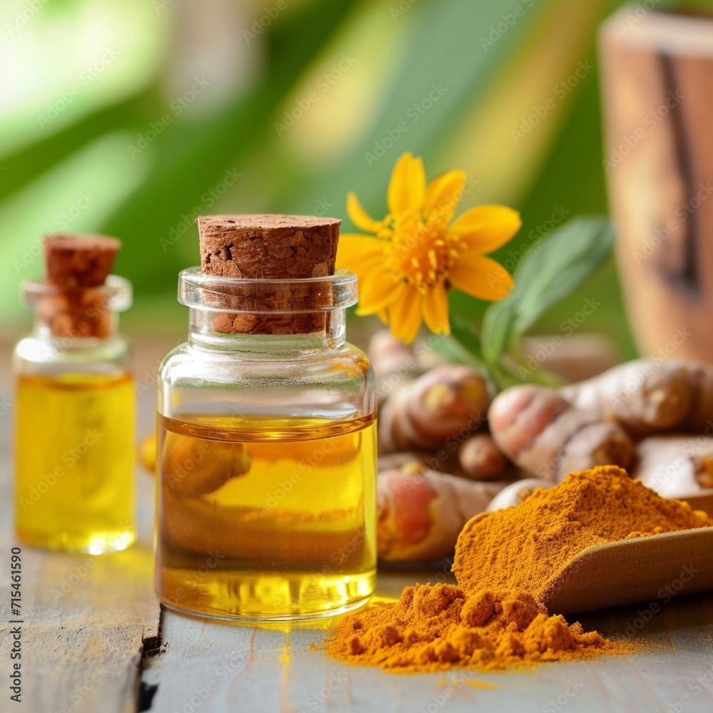 A bottle_jar_of_essential_oil_extract_turmeric_flower A bottle_jar_of_essential_oil_extract_turmeric_flower
