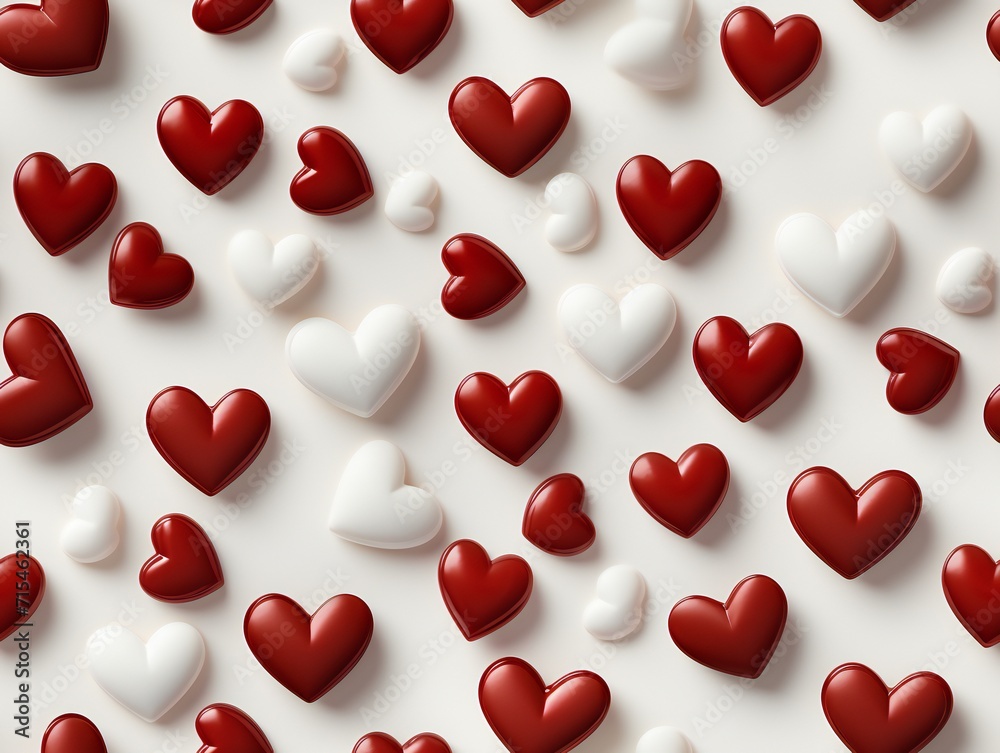 Seamless pattern of red hearts on white background.