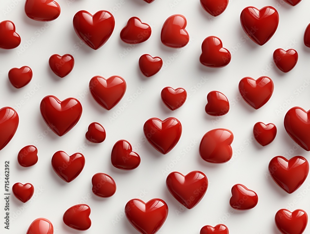 Seamless pattern of red hearts on white background.
