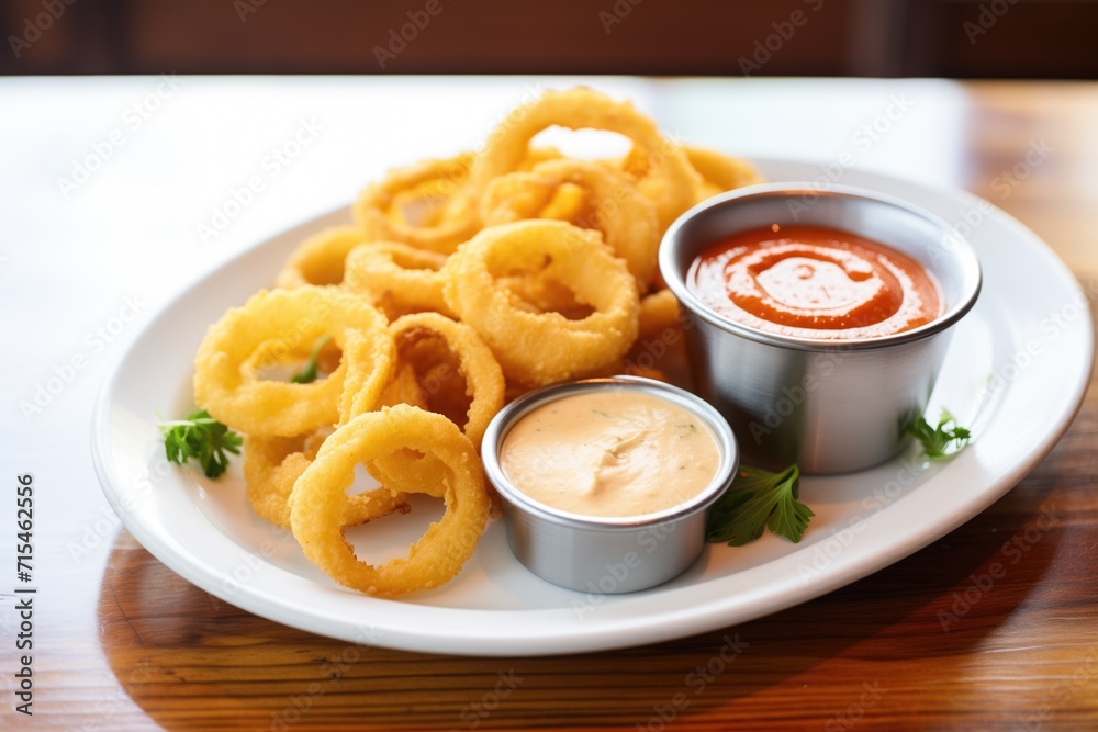 plate of golden onion rings with ketchup dip plate of golden onion rings with ketchup dip