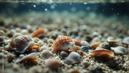 Seashells on sand. Sea summer vacation background. © devmarya