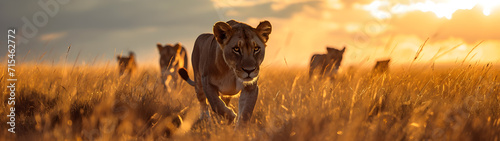 Lions standing in the savanna with setting sun shining. Group of wild animals in nature. Horizontal, banner. © linda_vostrovska