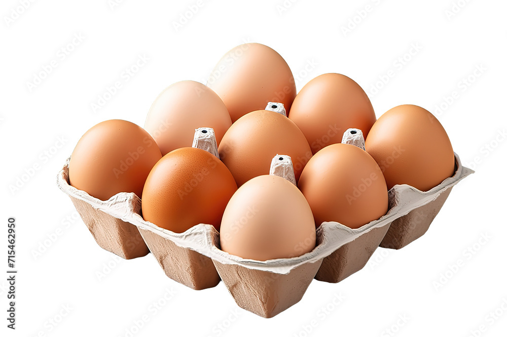 ten brown chicken eggs in a cardboard tray isolated on PNG Background. Generative Ai.