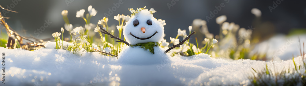 Snowman on a meadow with grass and spring flowers growing through the melting snow. Concept of spring coming and winter leaving. Snowman on a meadow with grass and spring flowers growing through the melting snow. Concept of spring coming and winter leaving.