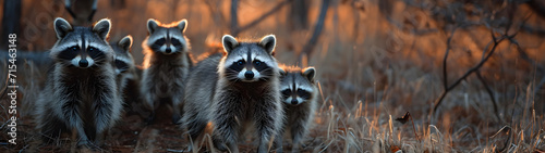 Racoon family in the forest with setting sun shining. Group of wild animals in nature. Horizontal, banner. © linda_vostrovska