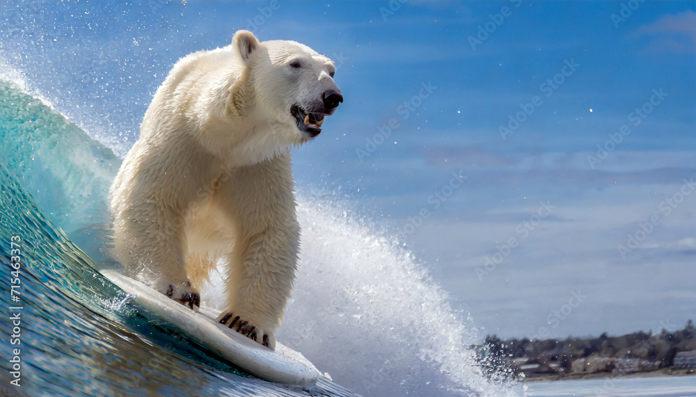A cheerful white polar bear surfing in the ocean