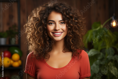 illustration. Young beautiful cheerful woman with vegetables tomatoes. Place for text. Positive emotions. healthy lifestyle. Poster, invitation, flyer, banner, email header. Generative Ai content