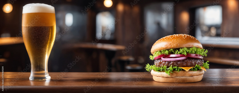 A glass of fresh cold light beer with gourmet hamburger in a bar and a dark pub. Banner conept. Generative Ai A glass of fresh cold light beer with gourmet hamburger in a bar and a dark pub. Banner conept. Generative Ai