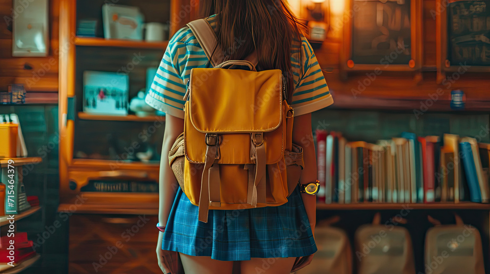 Young Student Carrying Backpack Engrossed in Library Reading