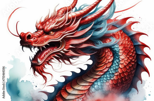 closeup on head of scary ancient asian red dragon, watercolor illustration on white background.