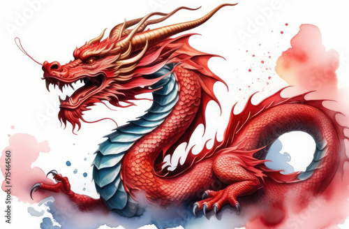 scary ancient asian red dragon with claws and horns, watercolor illustration on white background.
