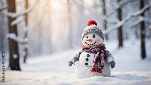 Snowman in blurred snowy forest background, copy space