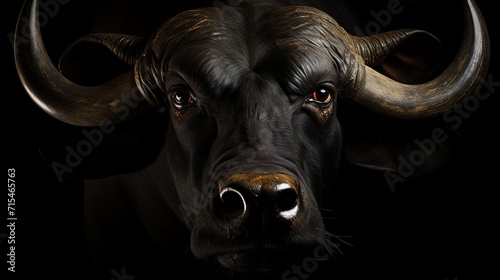 Majestic bull looking directly at the camera, isolated on a solid black background