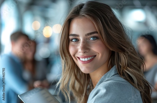 woman holding tablet in an office based setting with colleagues.