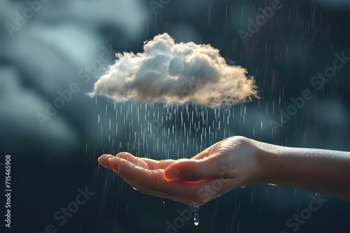 Raindrops falling from a cloud raining on a hand. Environment, climate change, weather, drought and floods concept