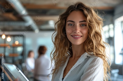 woman holding tablet in an office based setting with colleagues.