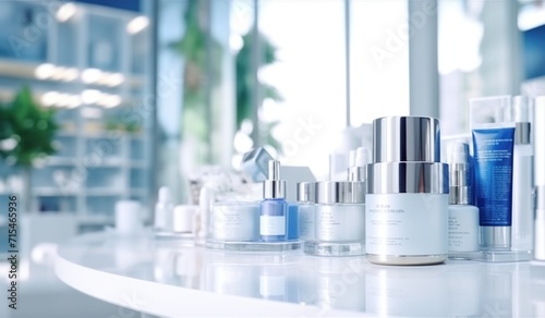 pharmaceutic store with white shelves and cosmetic products.
