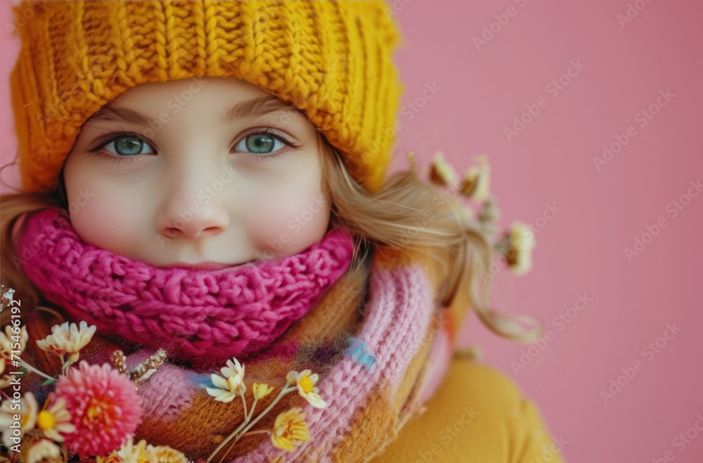 young girl in yellow hat, scarves and coat with a flower scarf on pink background young girl in yellow hat, scarves and coat with a flower scarf on pink background