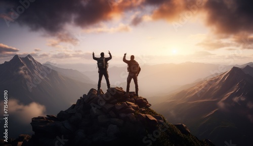 two men standing at top of a mountain.