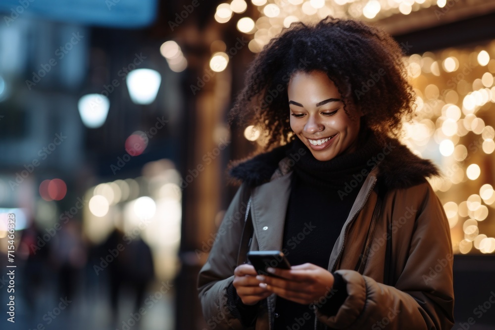 young african american woman looking at her phone standing in the street. young african american woman looking at her phone standing in the street.