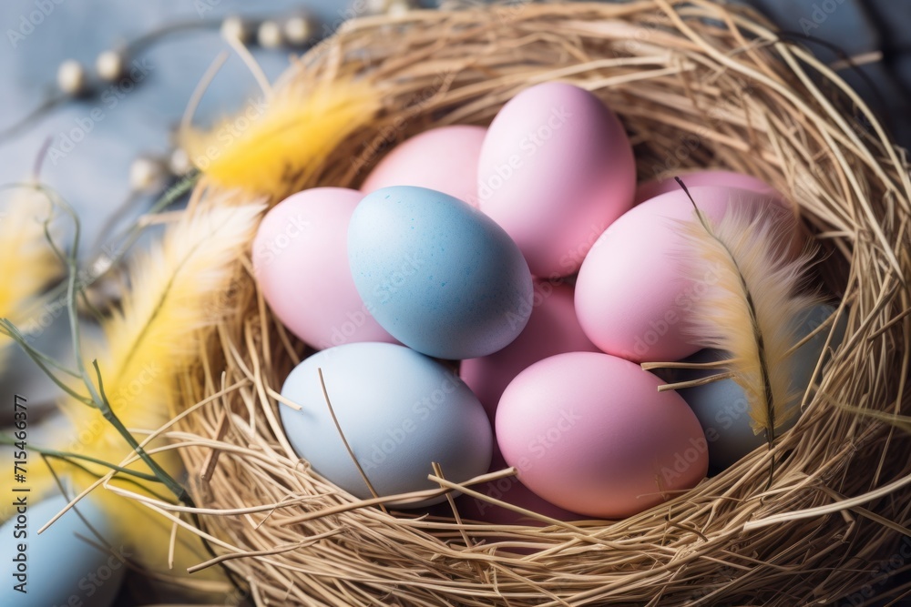 Soft hues of pink, blue, and yellow converge, providing an idyllic Easter background for advertising creativity. Soft hues of pink, blue, and yellow converge, providing an idyllic Easter background for advertising creativity.