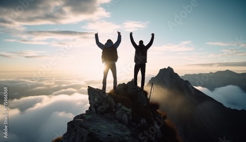 two men standing at top of a mountain.
