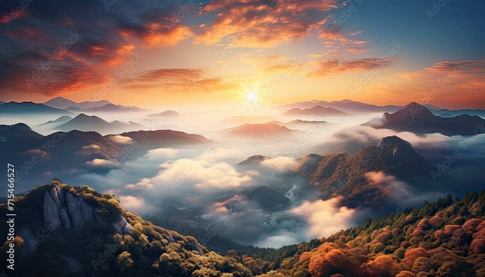 View of the sea of clouds from the top of the mountain peak. Tropical rainforest with vibrant morning reflection of the sunrise. View of the sea of clouds from the top of the mountain peak. Tropical rainforest with vibrant morning reflection of the sunrise.