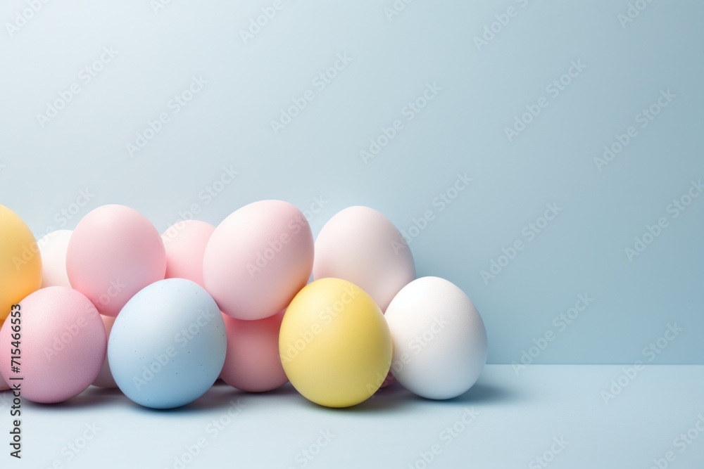Fototapeta premium Soft hues of pink, blue, and yellow converge, providing an idyllic Easter background for advertising creativity.