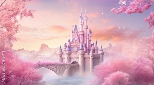 a castle is in the pink forest next to trees.