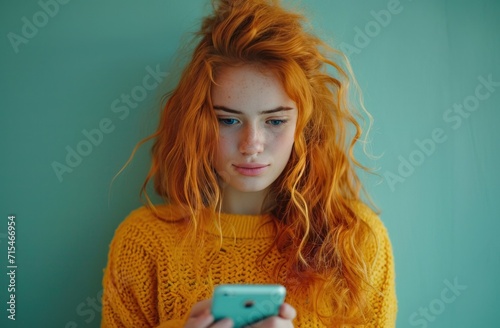 redheaded woman using a smart phone.