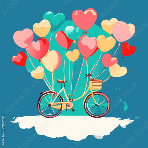 bicycle and flying balloons in the form of hearts.