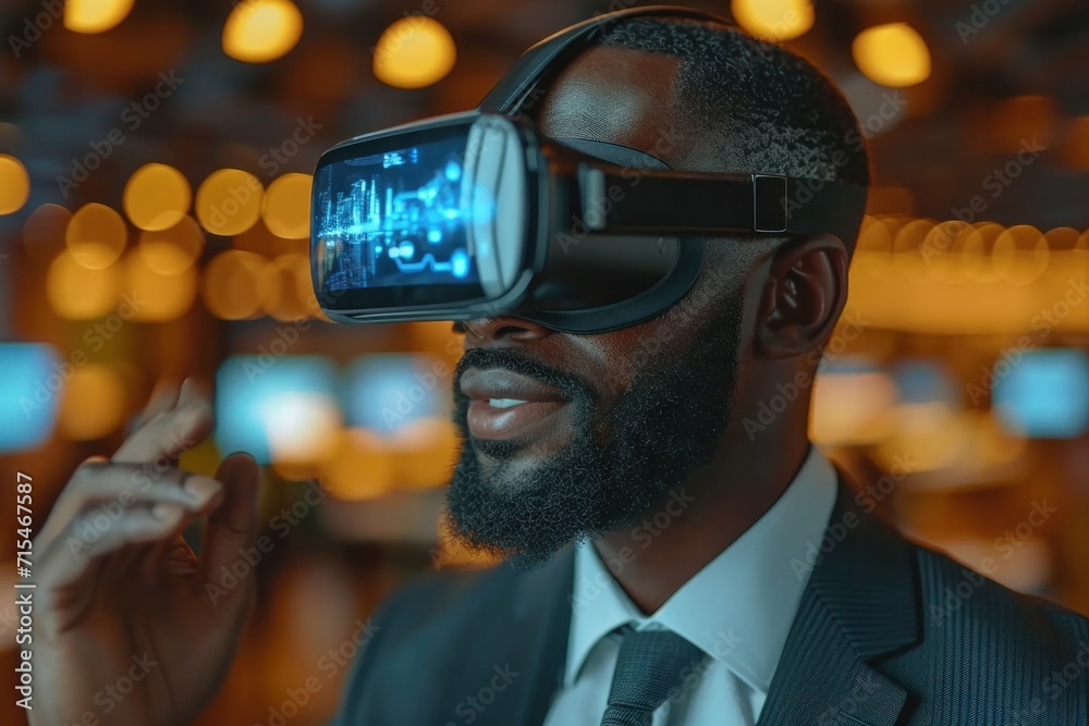 An excited African businessman in a virtual reality headset, experiencing futuristic technology with enthusiasm. An excited African businessman in a virtual reality headset, experiencing futuristic technology with enthusiasm.