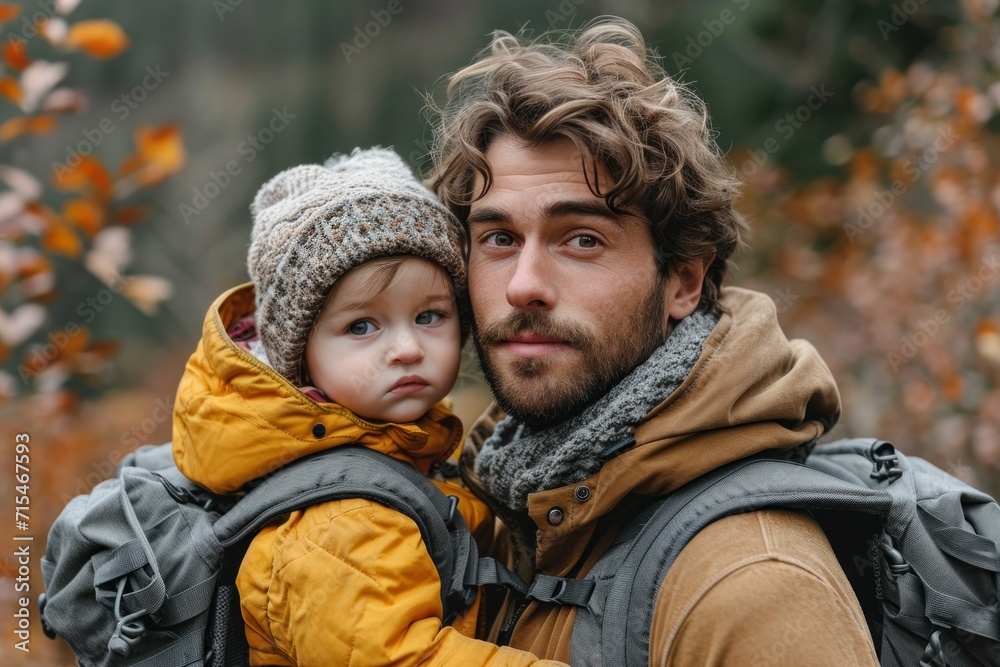 A joyful father and toddler son strolling in nature, creating cherished moments together.