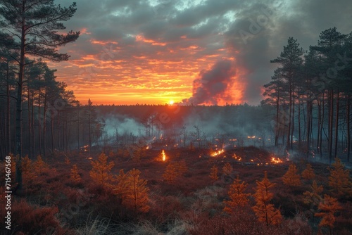A devastating forest fire with smoke  destruction  and intense flames posing an environmental threat.