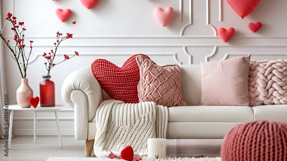 Interior of living room decorated for Valentine's Day, generative ai - obrazy, fototapety, plakaty 