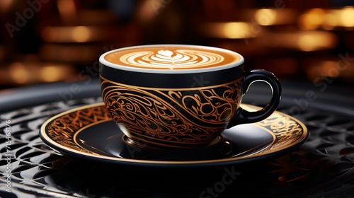 Close up of vibrant gold and amber espresso with intricate crema patterns on top