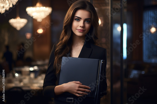 Confident business hotel manager holding file folder, looking at camera and standing in an hotel hall lobby.