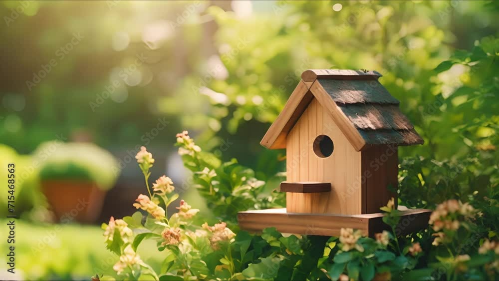 Closeup of a wooden birdhouse surrounded by lush greenery in a backyard garden. Closeup of a wooden birdhouse surrounded by lush greenery in a backyard garden.