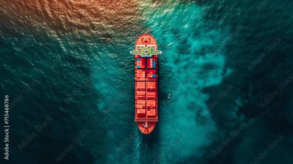 Aerial view of container cargo ship sailing on the open sea under clear blue sky Aerial view of container cargo ship sailing on the open sea under clear blue sky