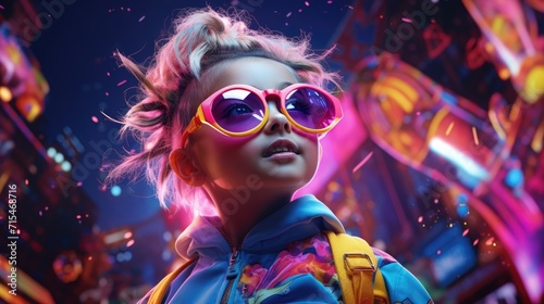 A little girl in vibrant clothes and glasses against the backdrop of augmented reality photo
