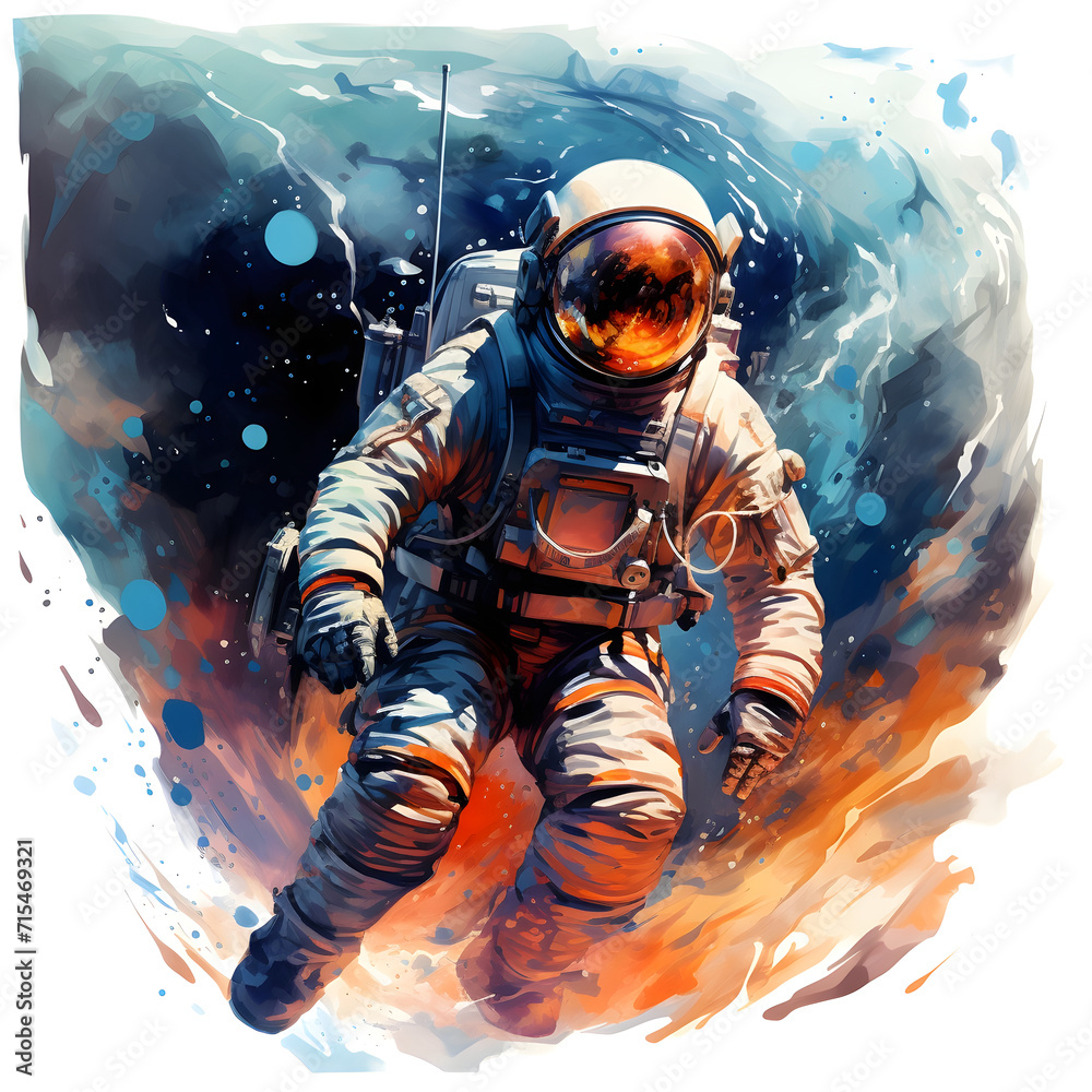 Astronaut in outer space. Watercolor astronaut in costume and helmet. Watercolor splash splatters Astronaut in outer space. Watercolor astronaut in costume and helmet. Watercolor splash splatters