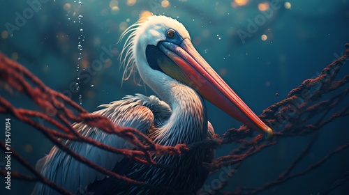 ecology, save nature, pelican got entangled in a net photo