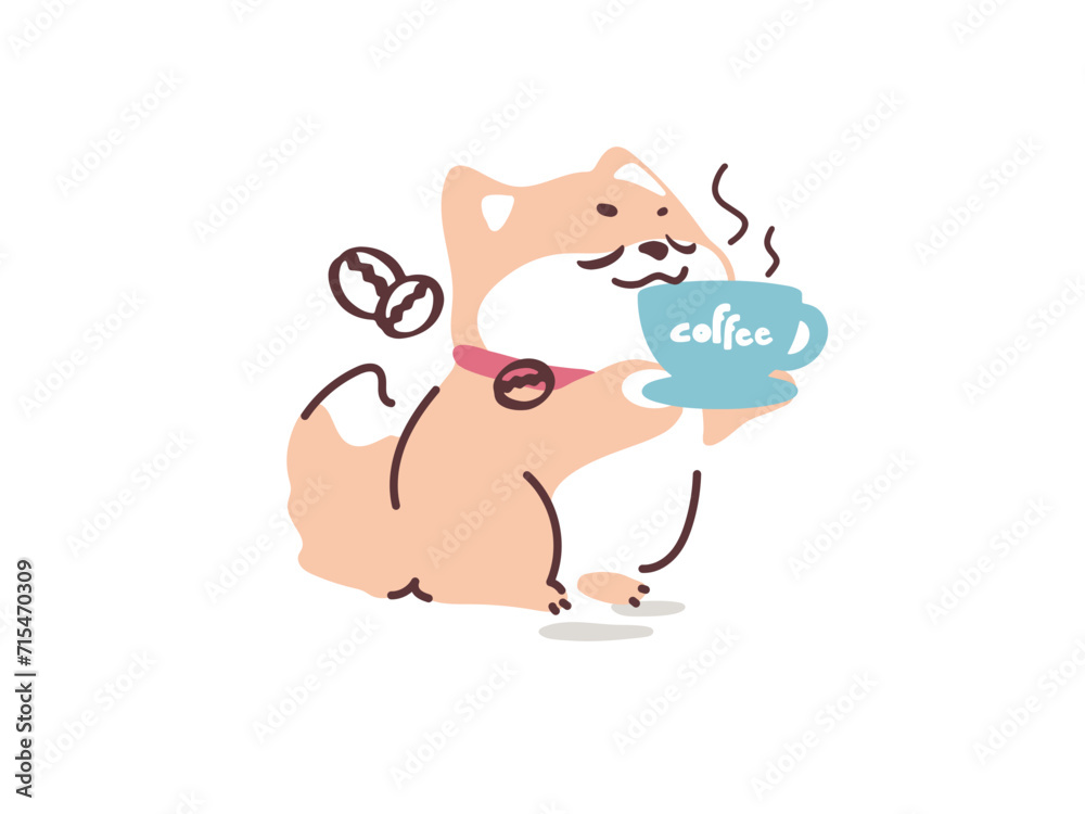 Fototapeta premium A cute Shiba Inu holding a cup of coffee. Vector image, can be used for coffee shop logo, menu decoration, coffee bean product packaging