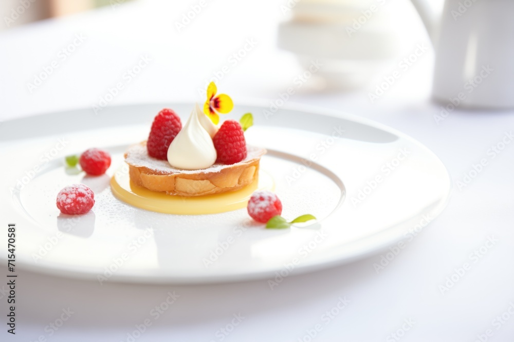 raspberry tart with a dollop of cream on a white plate