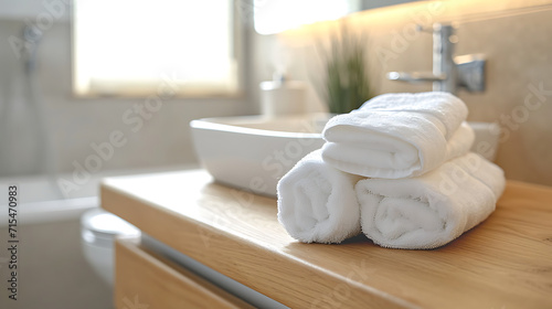 white towels on a wooden counter on bathroom counter top, in the style of minimalistic japanese