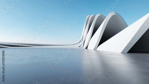 3d render of abstract wavy futuristic architecture with concrete floor.