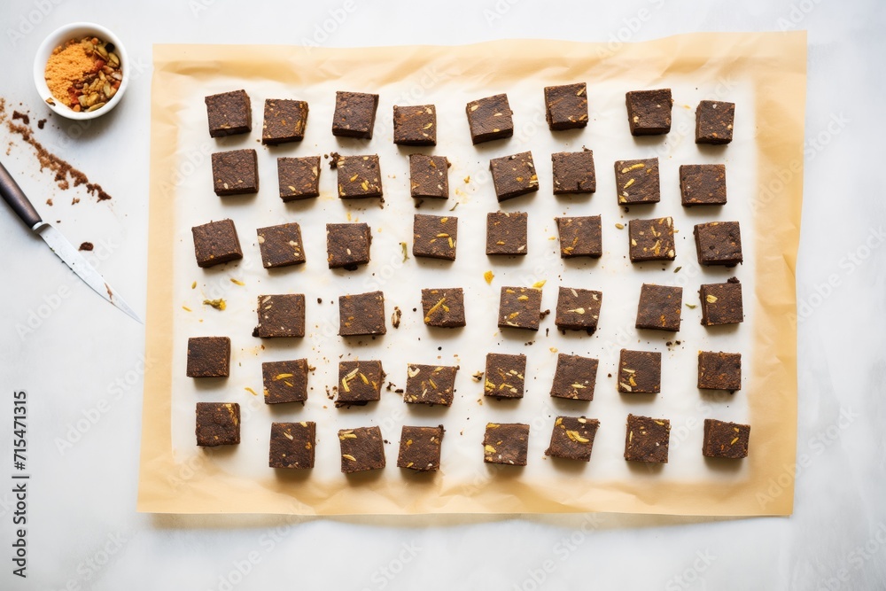 rows of raw brownie squares on parchment rows of raw brownie squares on parchment