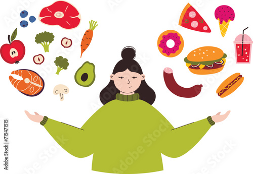 Girl chooses between healthy and unhealthy food,  fast food. Healthy lifestyle, balanced diet, menu. 