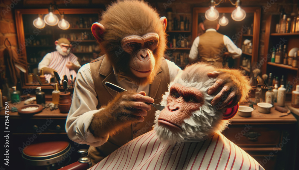 AI generated illustration of monkey barber attentively shaving a client in a classic barbershop